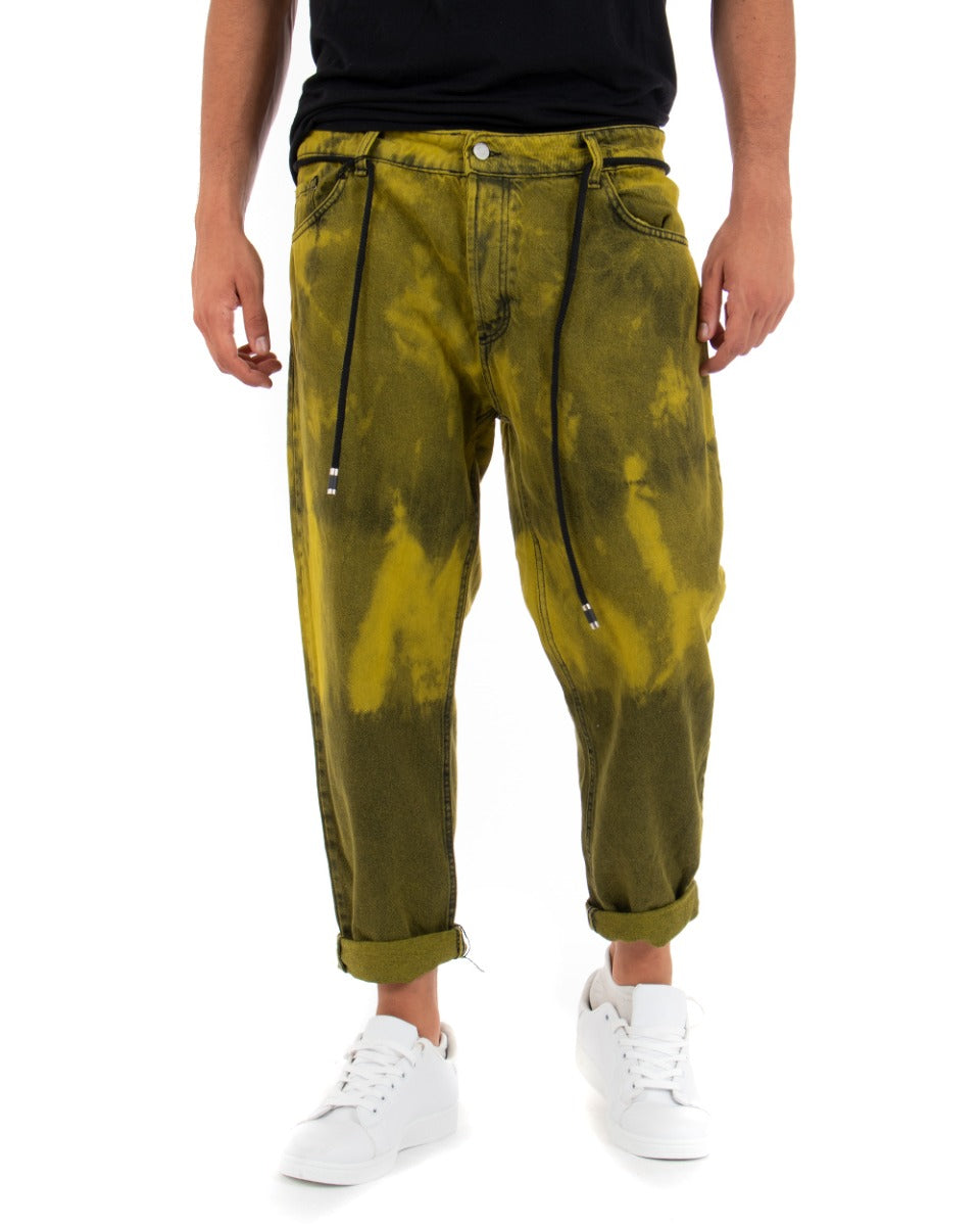 Pantaloni Jeans Uomo Loose Fit Denim Stone Washed Giallo Nero Cinque Tasche GIOSAL-P5096A
