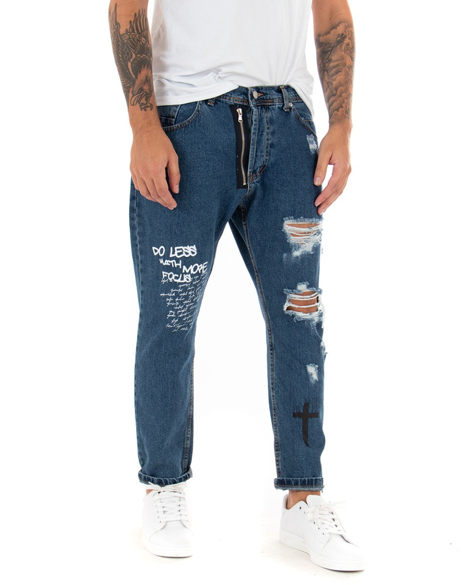 Pantaloni Jeans Uomo Loose Fit Denim Scuro Cinque Tasche Stampa GIOSAL-P5101A