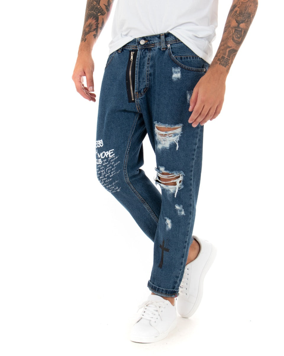 Pantaloni Jeans Uomo Loose Fit Denim Scuro Cinque Tasche Stampa GIOSAL-P5101A