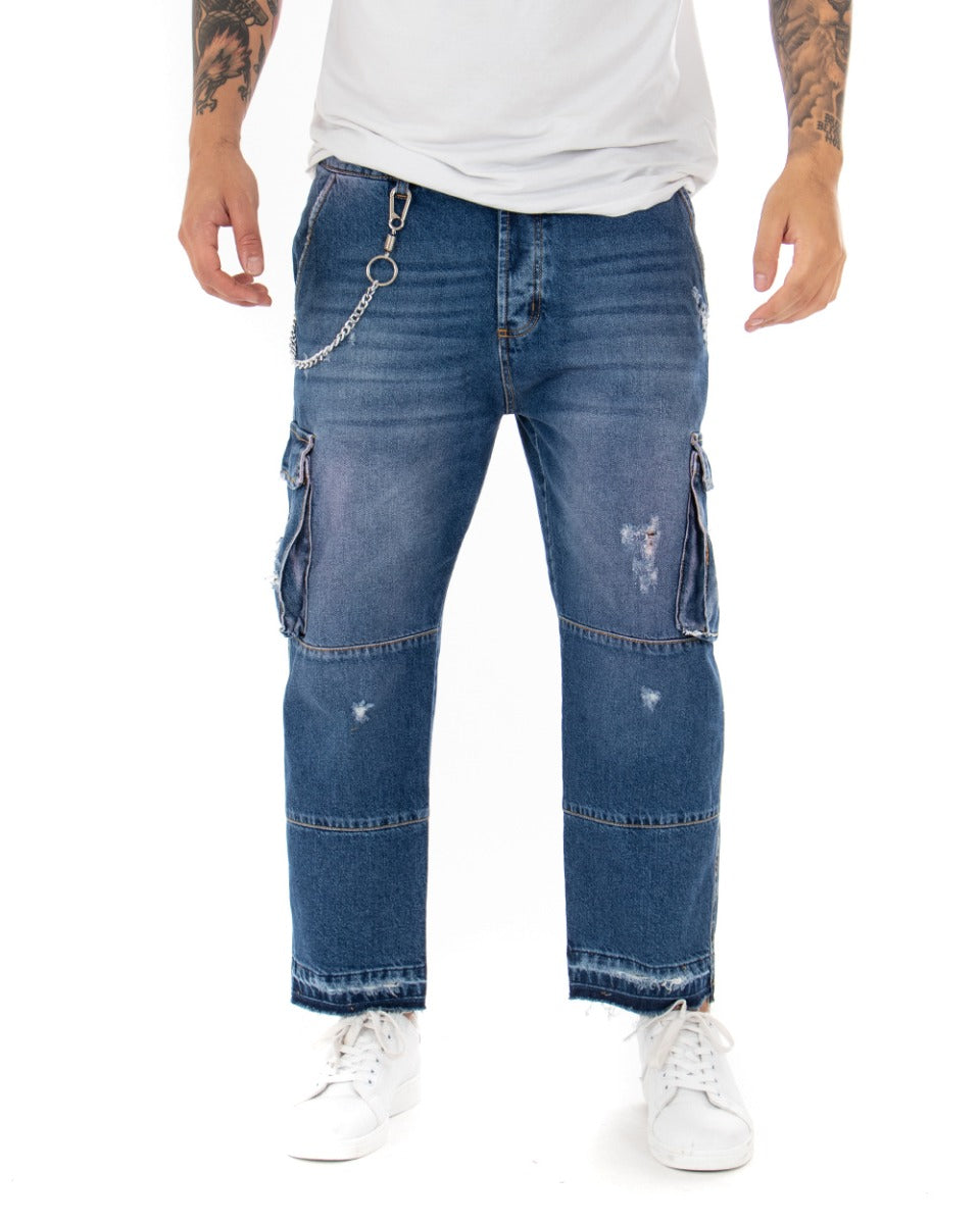 Pantaloni Jeans Cargo Uomo Straight Fit Denim Scuro Cinque Tasche GIOSAL-P5107A