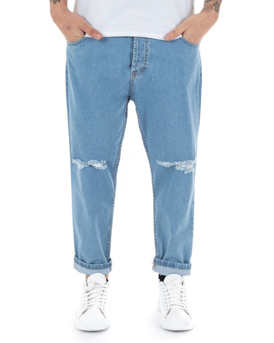 Pantaloni Jeans Uomo Loose Fit Denim Chiaro Con Rotture Cinque Tasche Casual GIOSAL-P5136A