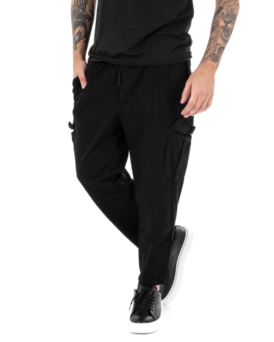 Pantaloni Uomo Pantalaccio Cargo Tasconi Tinta Unita Nero Coulisse GIOSAL-P5142A