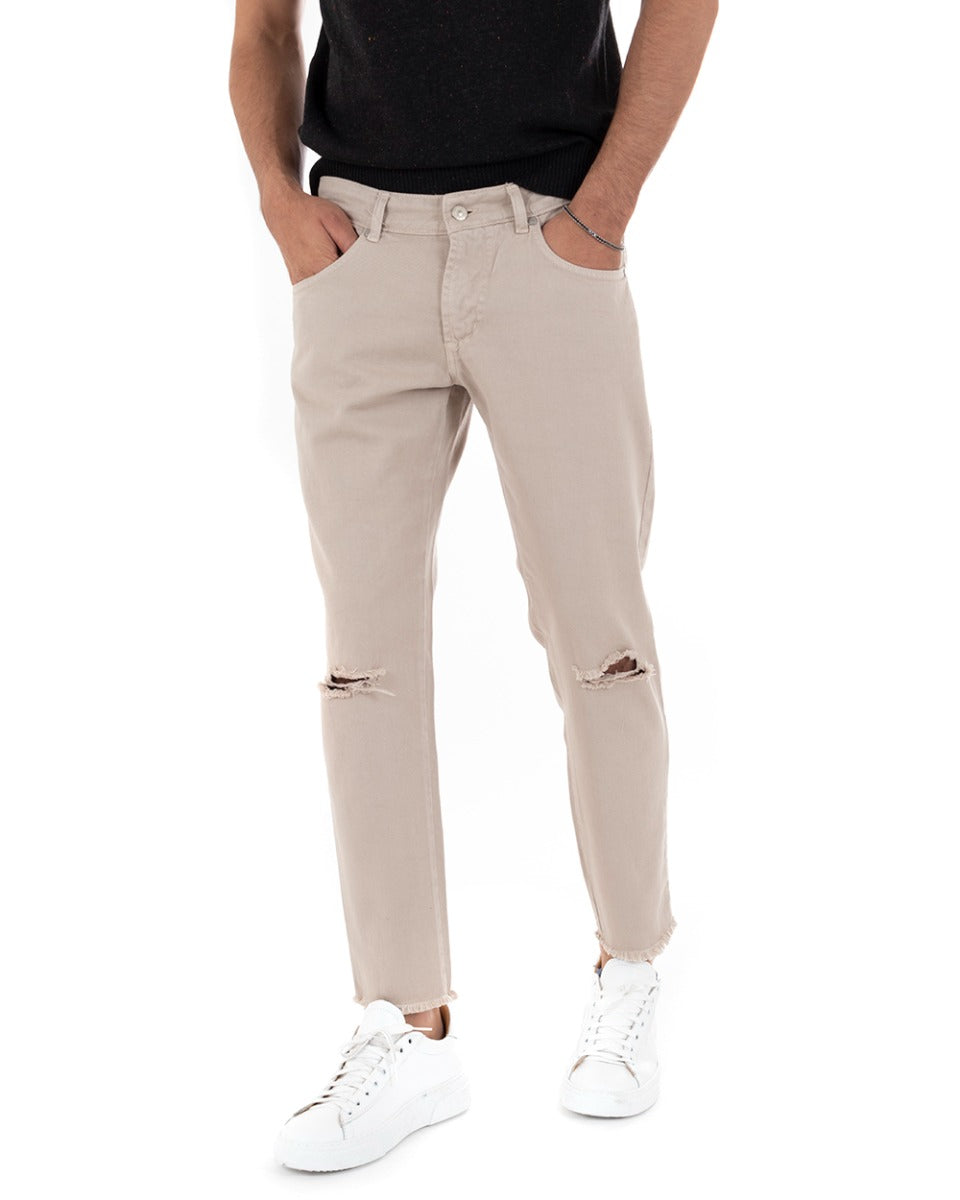 Pantaloni Jeans Uomo Slim Fit Beige Basic Con Taglio Al Ginocchio Cinque Tasche Casual GIOSAL-P5180A