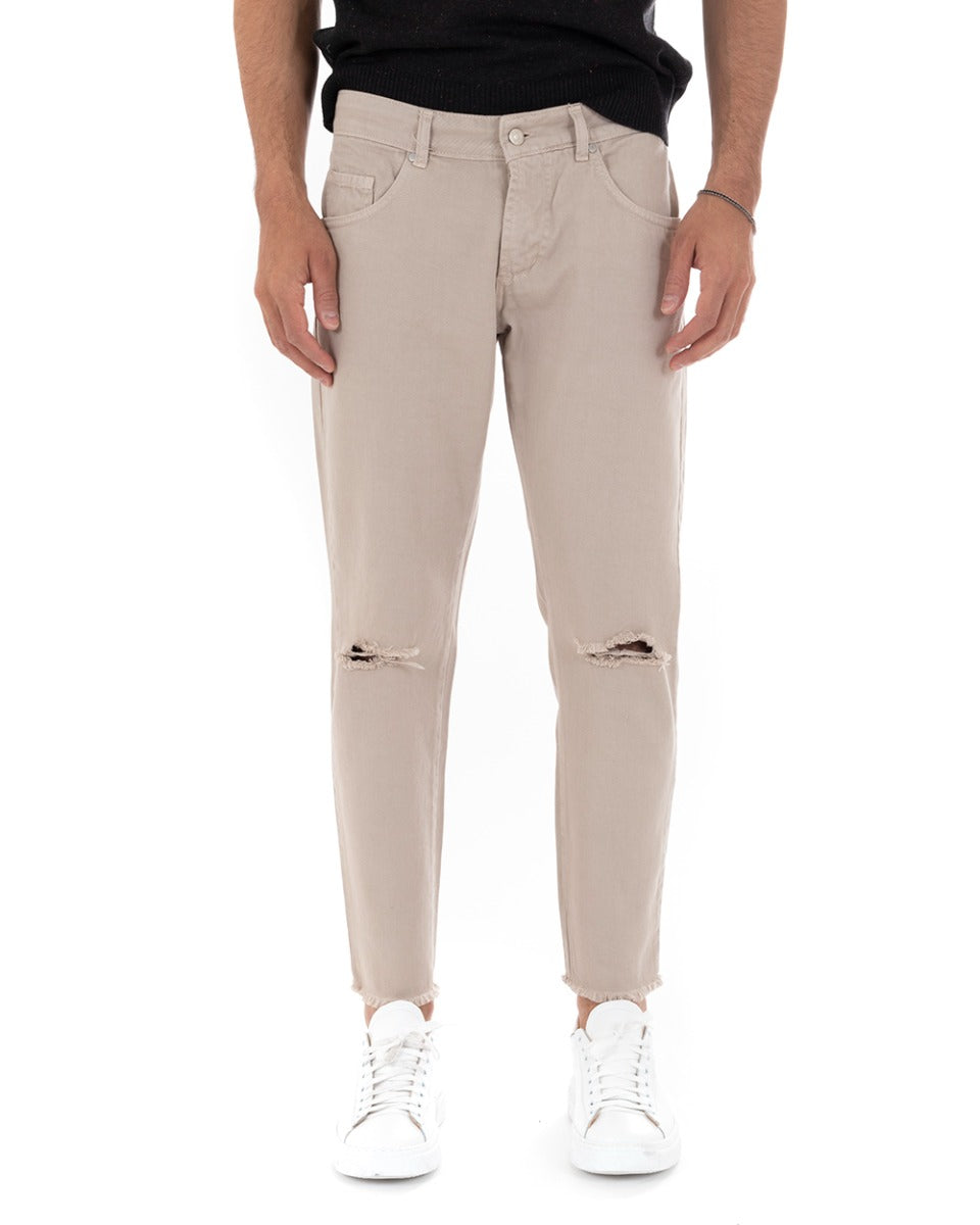 Pantaloni Jeans Uomo Slim Fit Beige Basic Con Taglio Al Ginocchio Cinque Tasche Casual GIOSAL-P5180A
