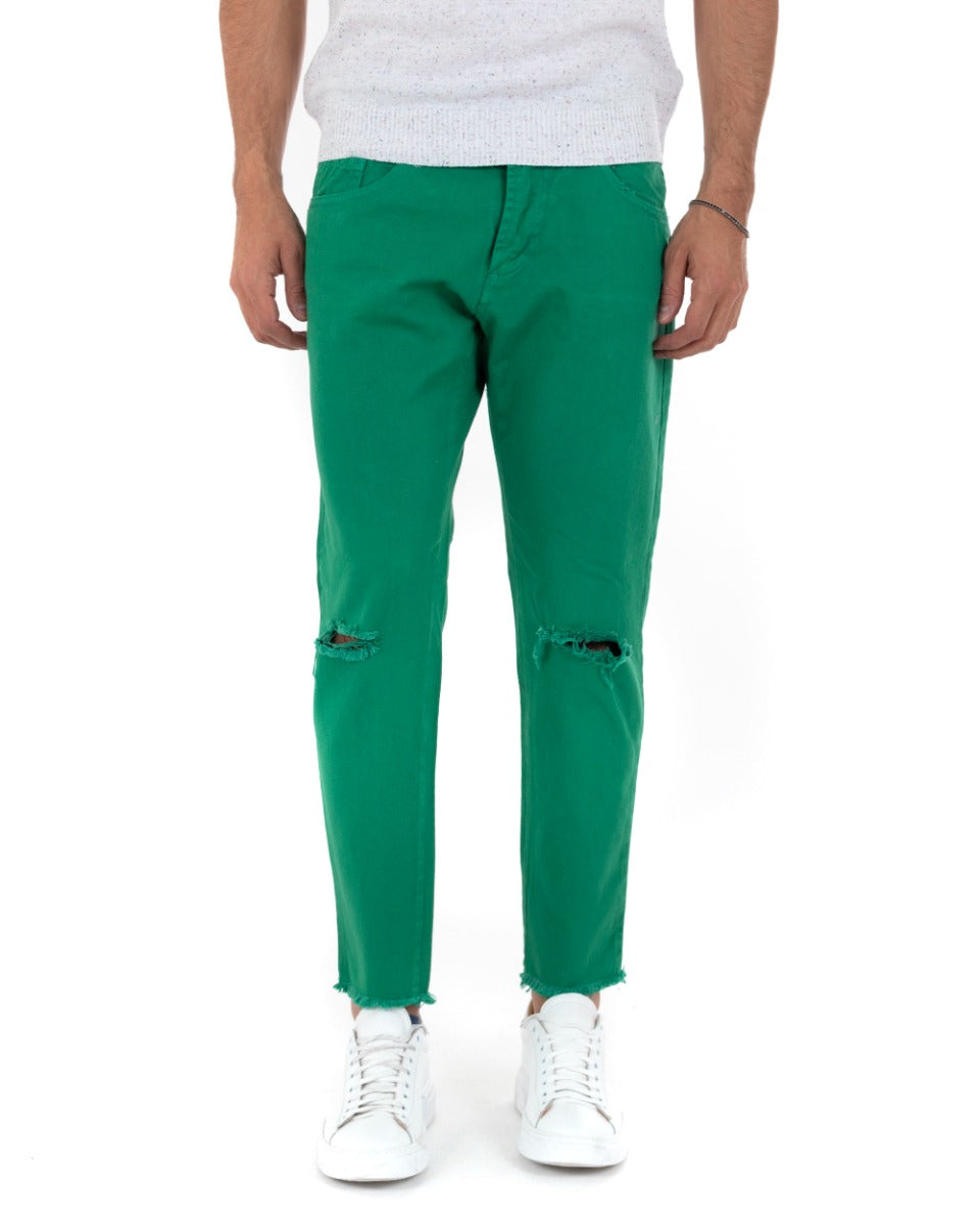 Pantaloni Jeans Uomo Slim Fit Verde Menta Basic Con Taglio Al Ginocchio Cinque Tasche Casual GIOSAL-P5182A