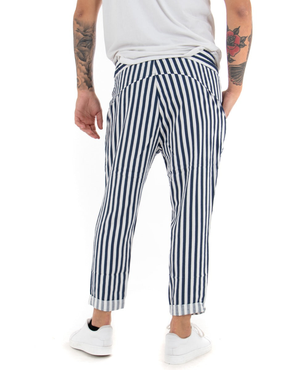 Men's Long Elastic Narrow Stripe Blue Elastic Cotton Trousers Paul Barrell GIOSAL