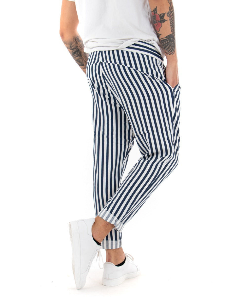 Men's Long Elastic Narrow Stripe Blue Elastic Cotton Trousers Paul Barrell GIOSAL