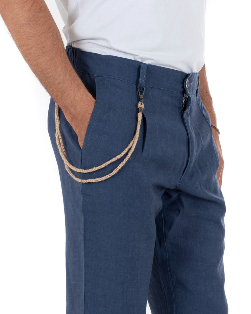 Pantaloni Uomo Tasca America Lino Tinta Unita Blu Casual Classico GIOSAL-P5220A