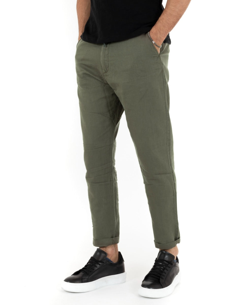 Pantaloni Uomo Lino Tinta Unita Verde Coulisse Tasca America Casual GIOSAL-P5224A