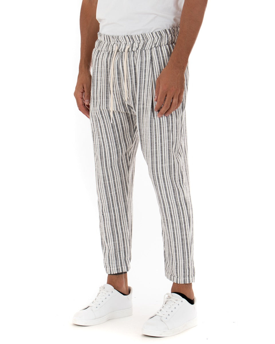 Men's Long Elastic Linen Striped Drawstring Trousers Gray GIOSAL