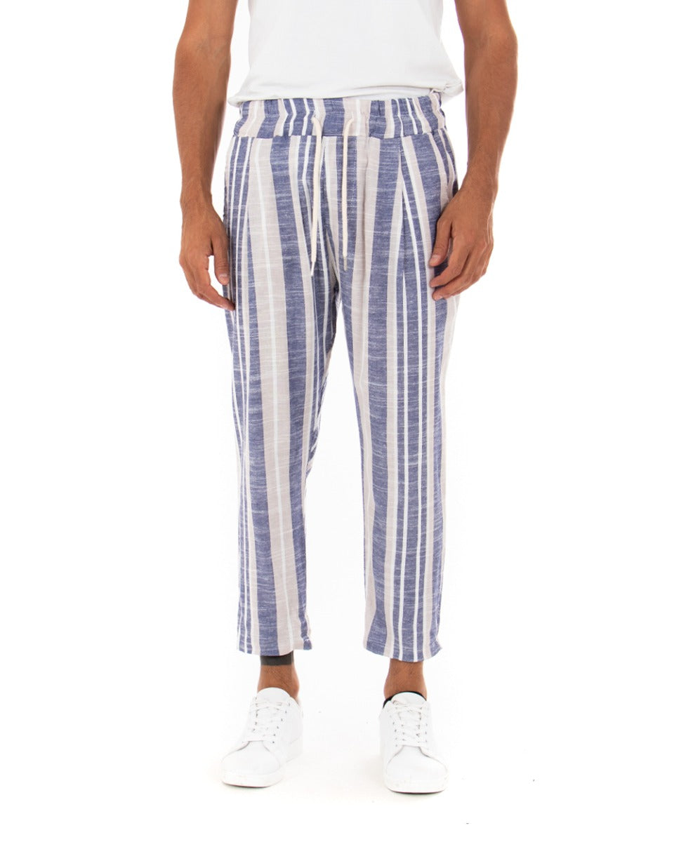 Men's Long Elastic Linen Striped Drawstring Trousers Blue GIOSAL