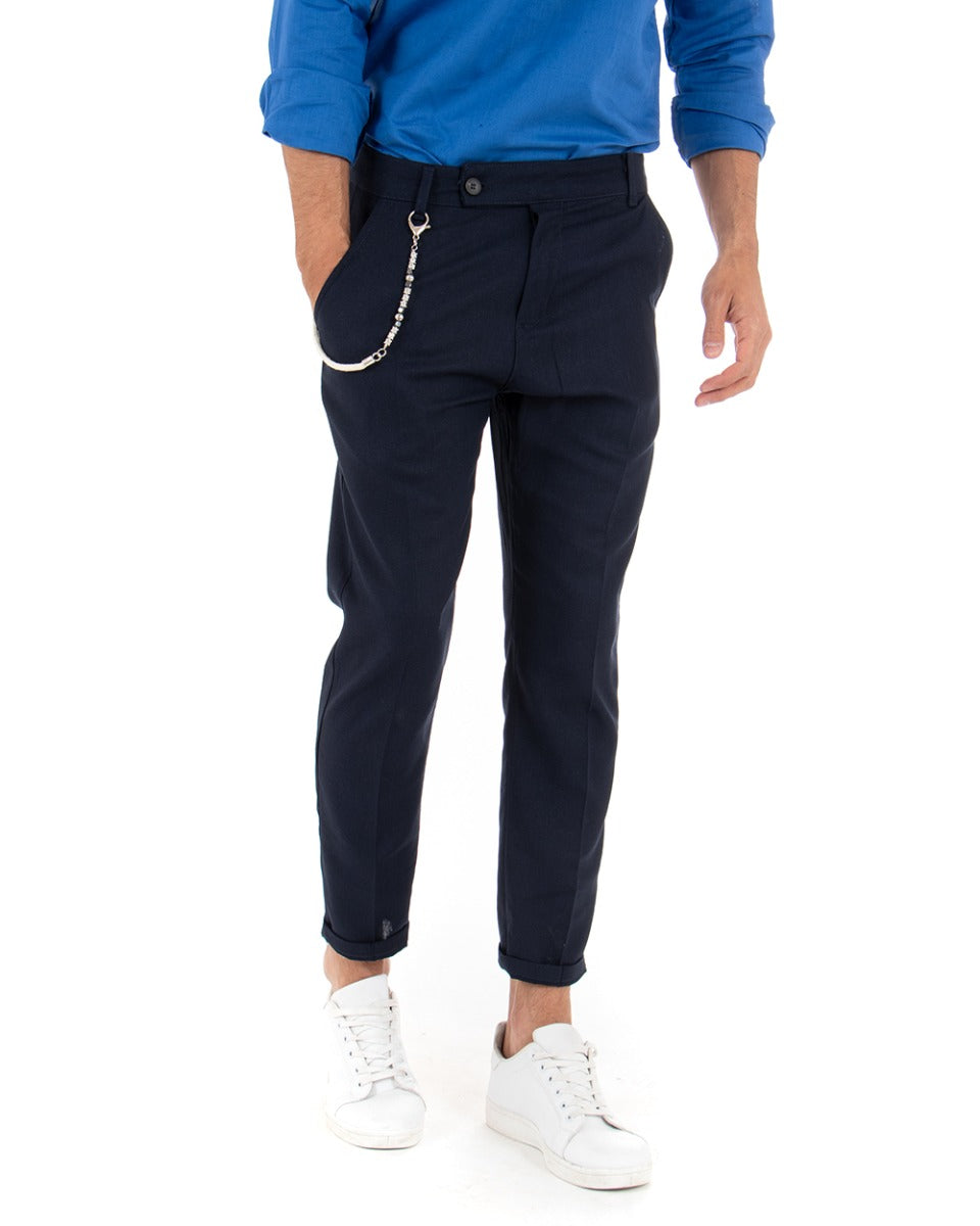 Pantaloni Uomo Lino Tasca America Abbottonatura Allungata Classico Elegante Blu GIOSAL-P5257A