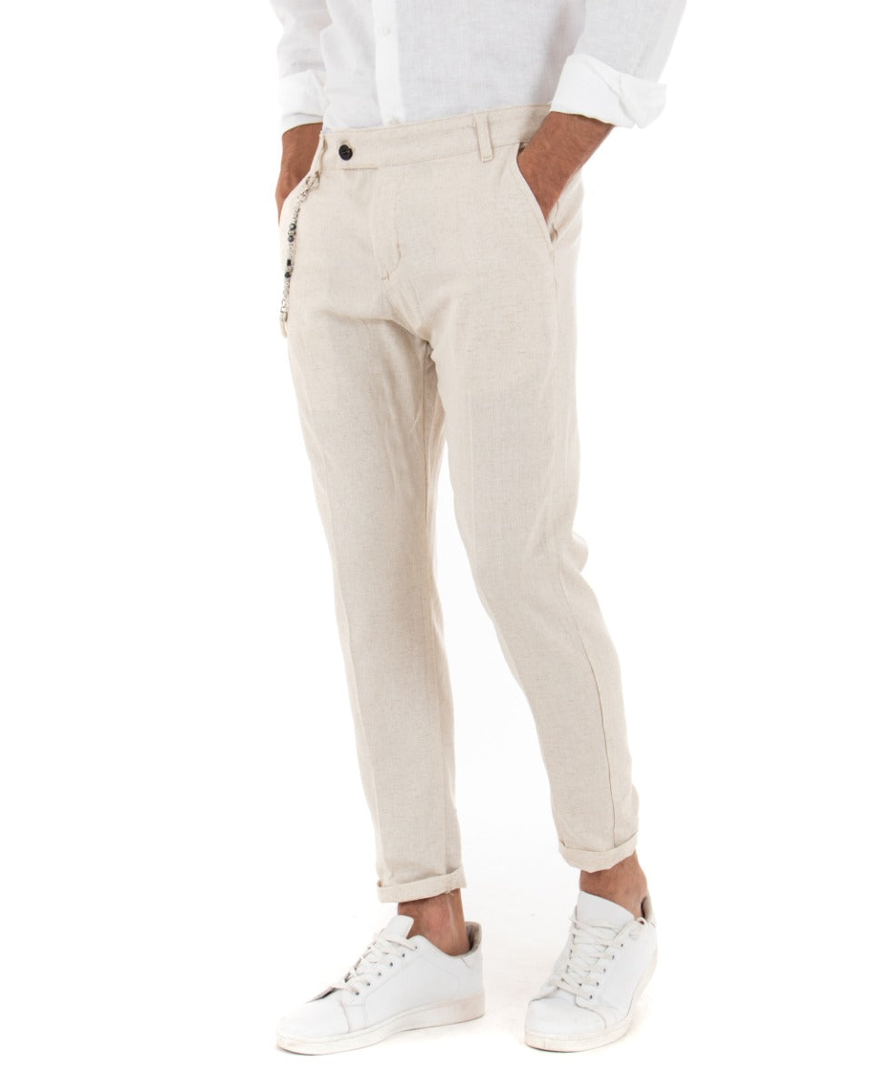 Pantaloni Uomo Lino Tasca America Abbottonatura Allungata Classico Elegante Beige GIOSAL-P5259A