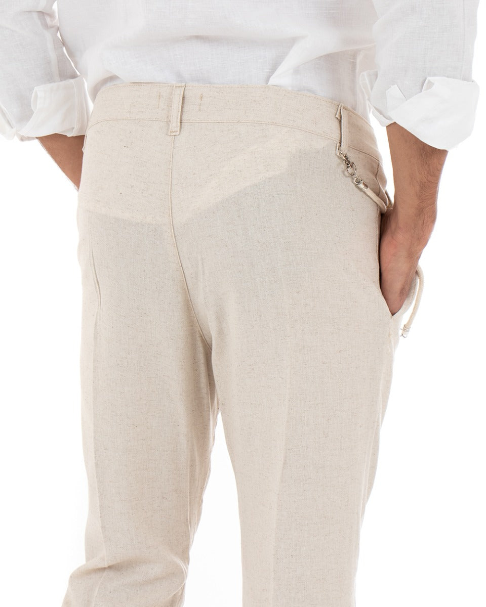 Pantaloni Uomo Lino Tasca America Abbottonatura Allungata Classico Elegante Beige GIOSAL-P5259A