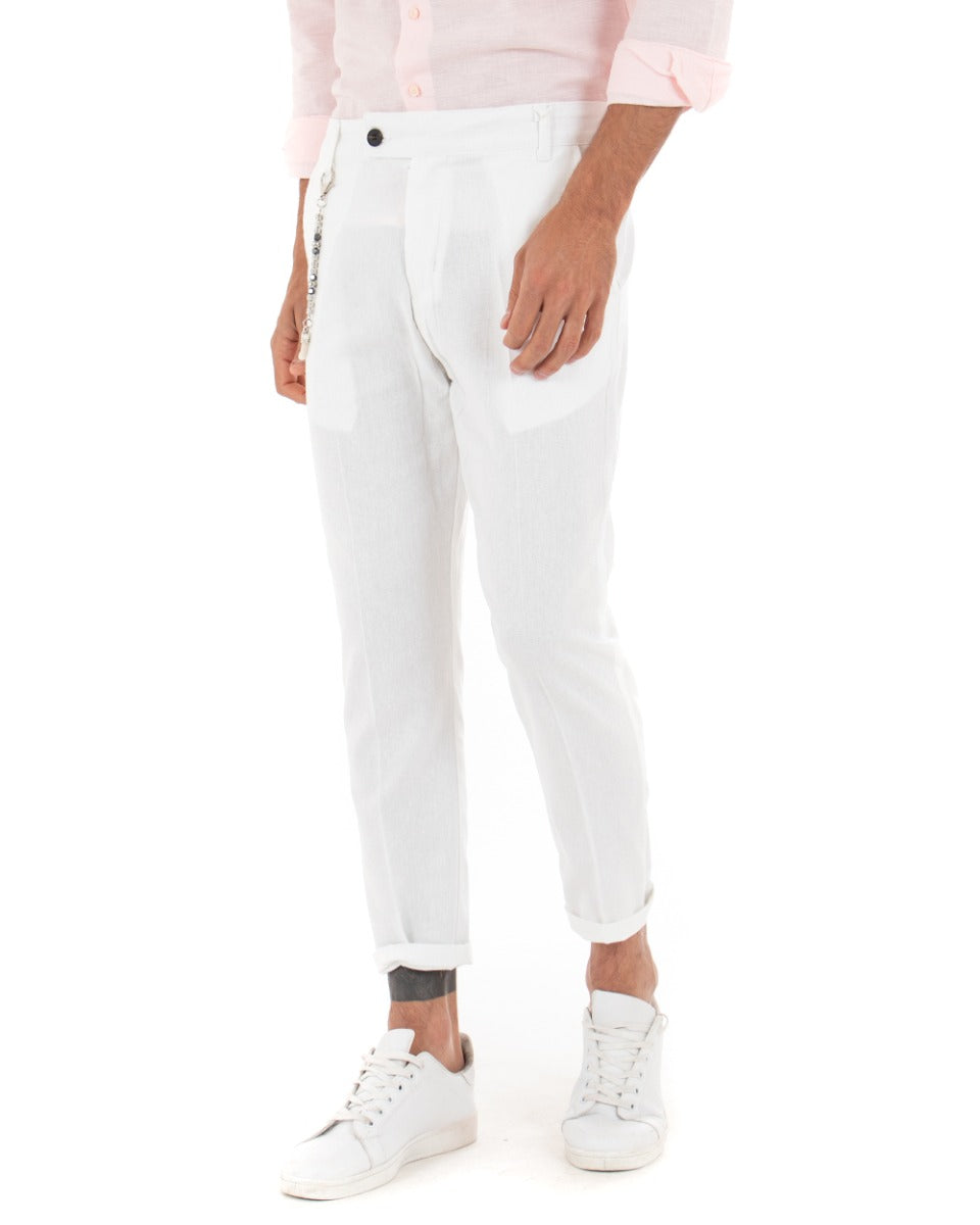 Pantaloni Uomo Lino Tasca America Abbottonatura Allungata Classico Elegante Bianco GIOSAL-P5260A