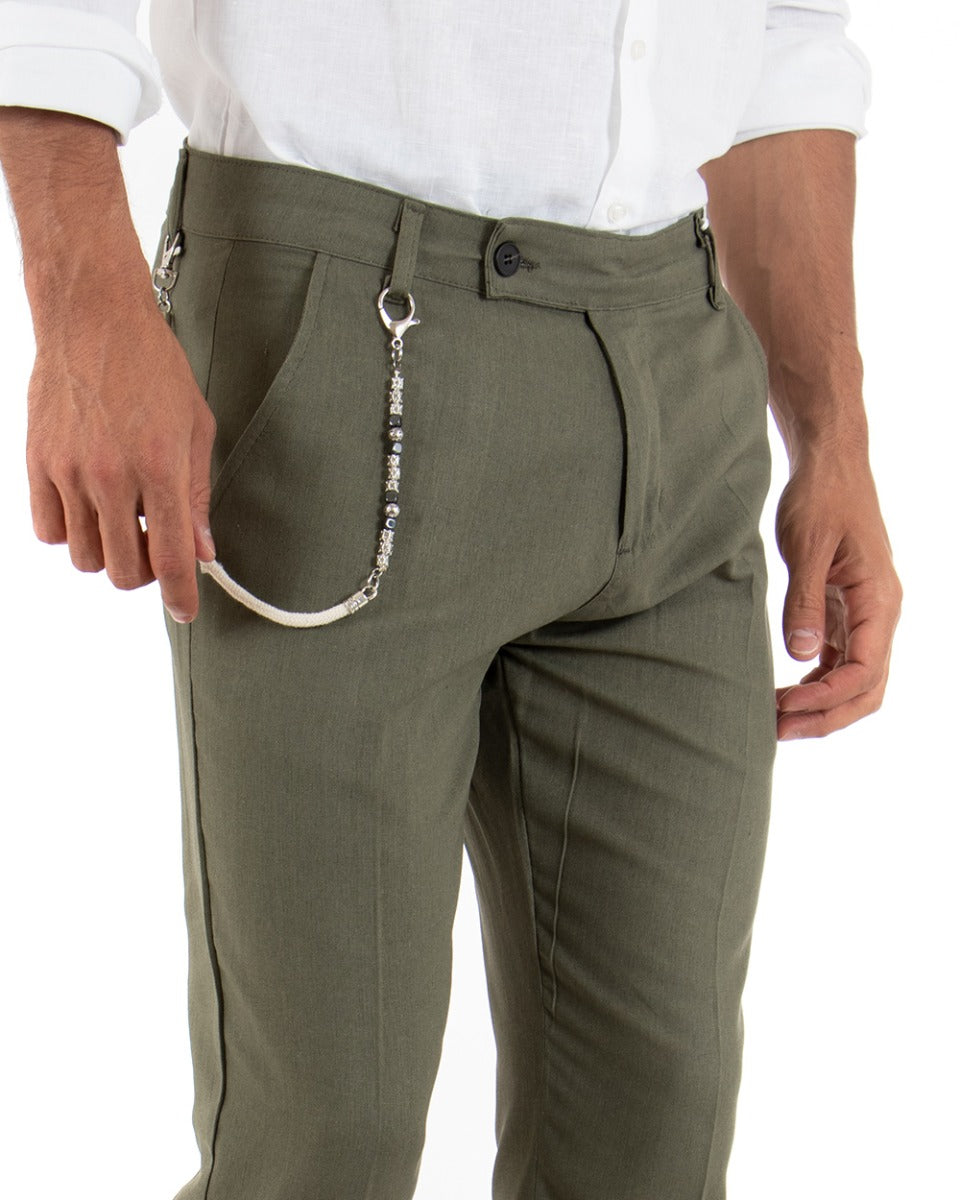 Pantaloni Uomo Lino Tasca America Abbottonatura Allungata Classico Elegante Verde GIOSAL-P5261A
