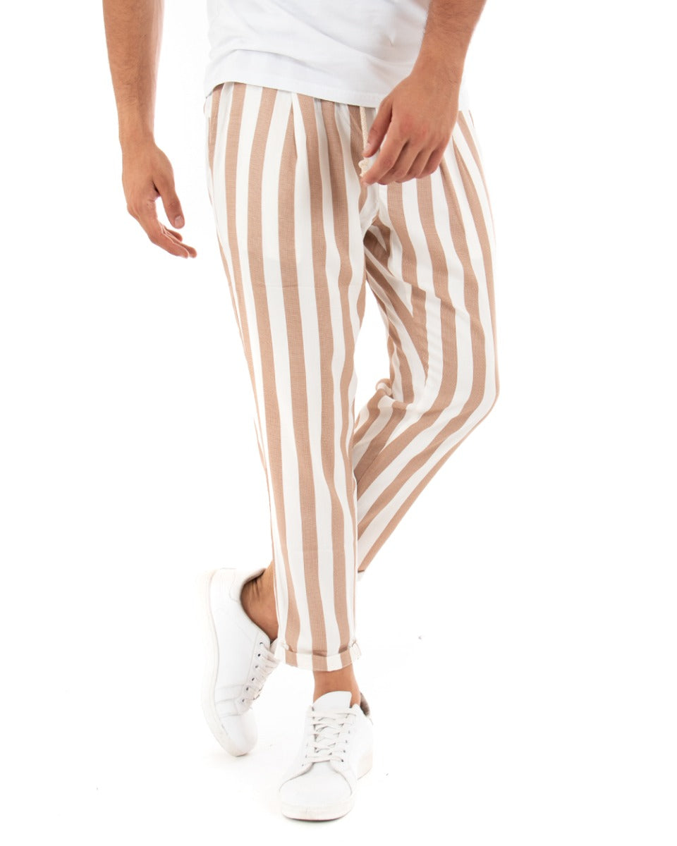 Paul Barrell Long Men's Trousers Striped Beige Elastic Drawstring Cotton GIOSAL