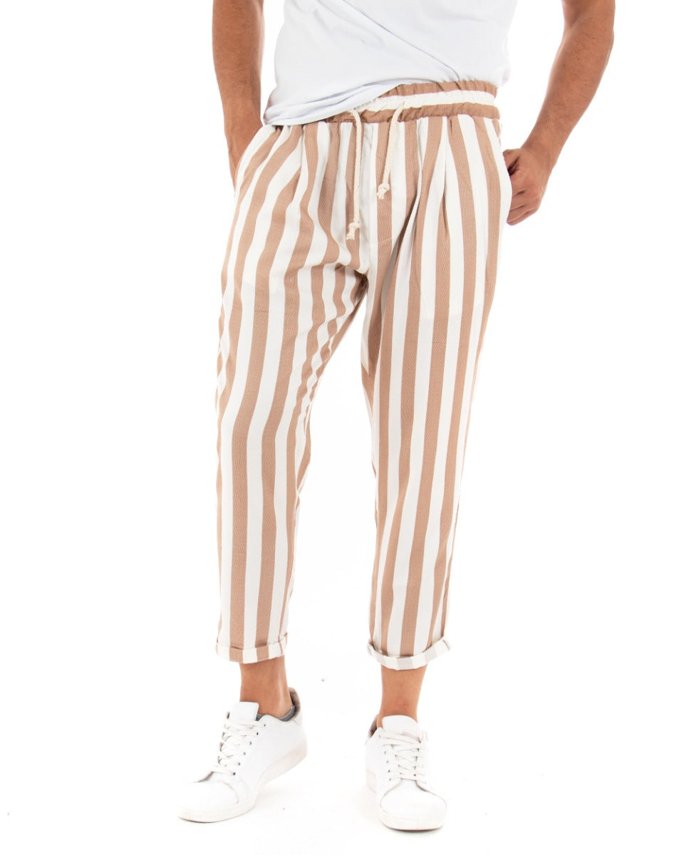 Paul Barrell Long Men's Trousers Striped Beige Elastic Drawstring Cotton GIOSAL
