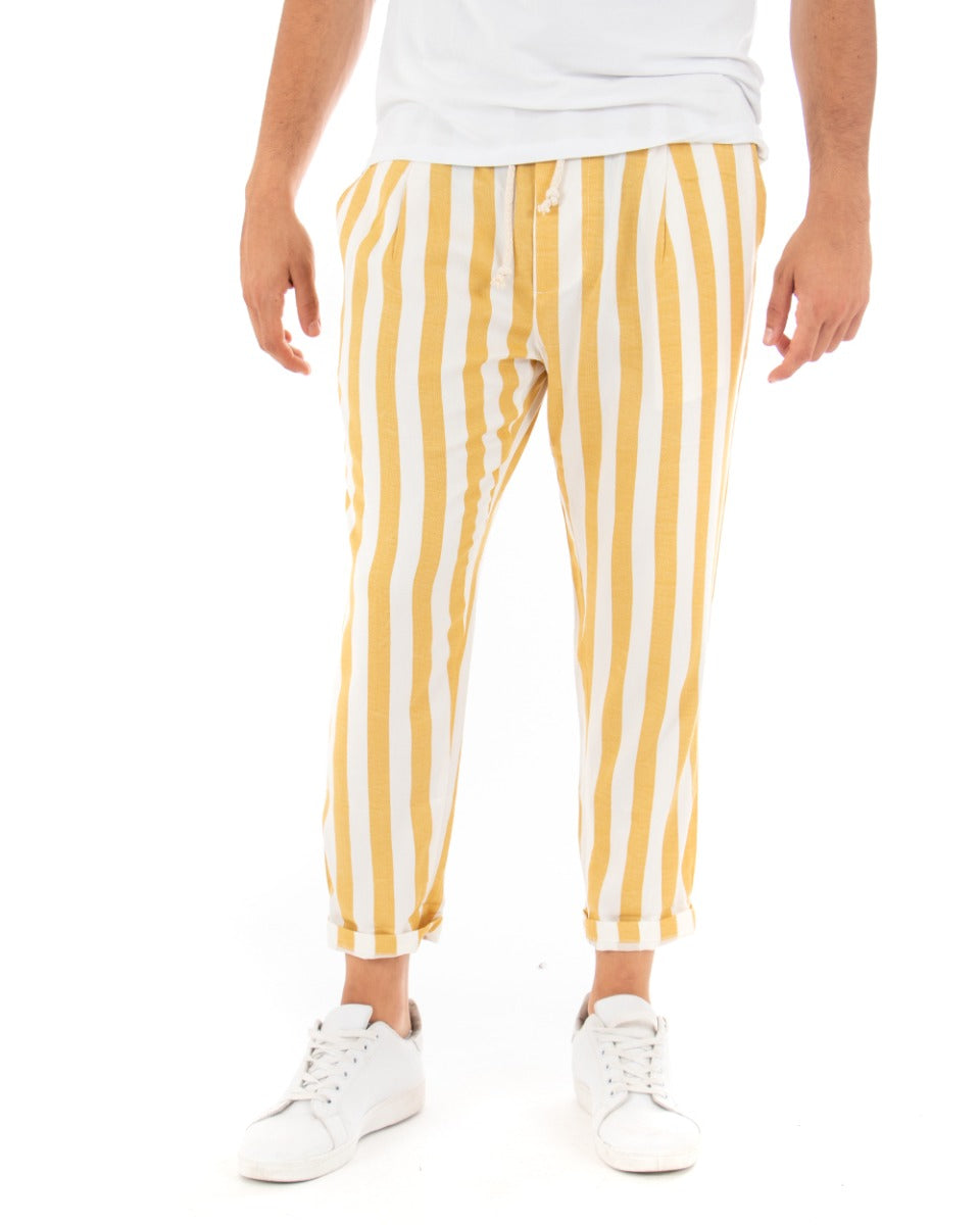 Paul Barrell Long Men's Trousers Yellow Striped Elastic Drawstring Cotton GIOSAL