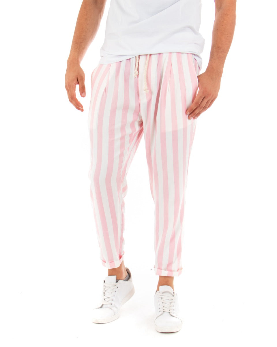 Paul Barrell Men's Long Trousers Pink Striped Elastic Drawstring Cotton GIOSAL