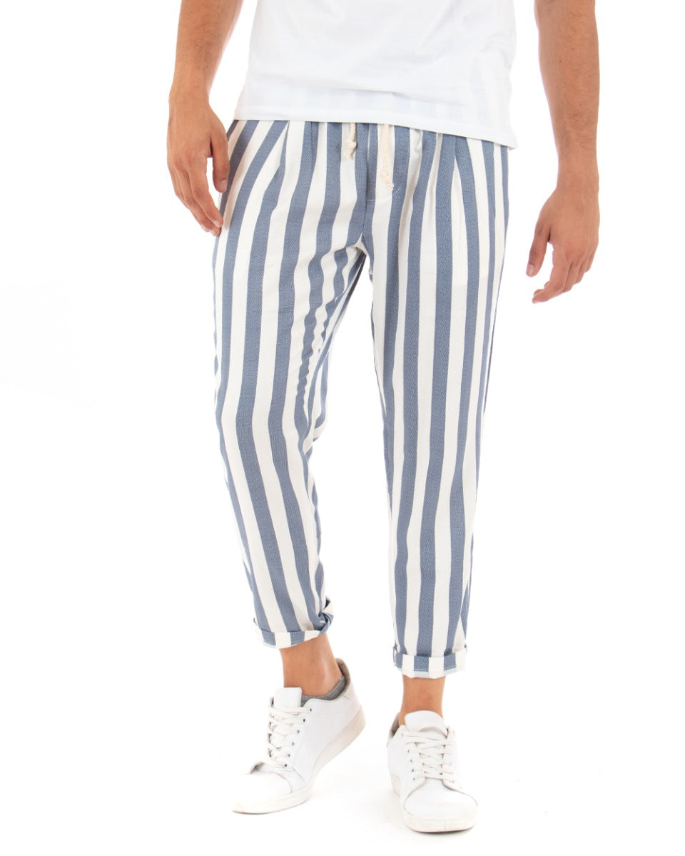 Paul Barrell Long Men's Trousers Blue Striped Elastic Drawstring Cotton GIOSAL