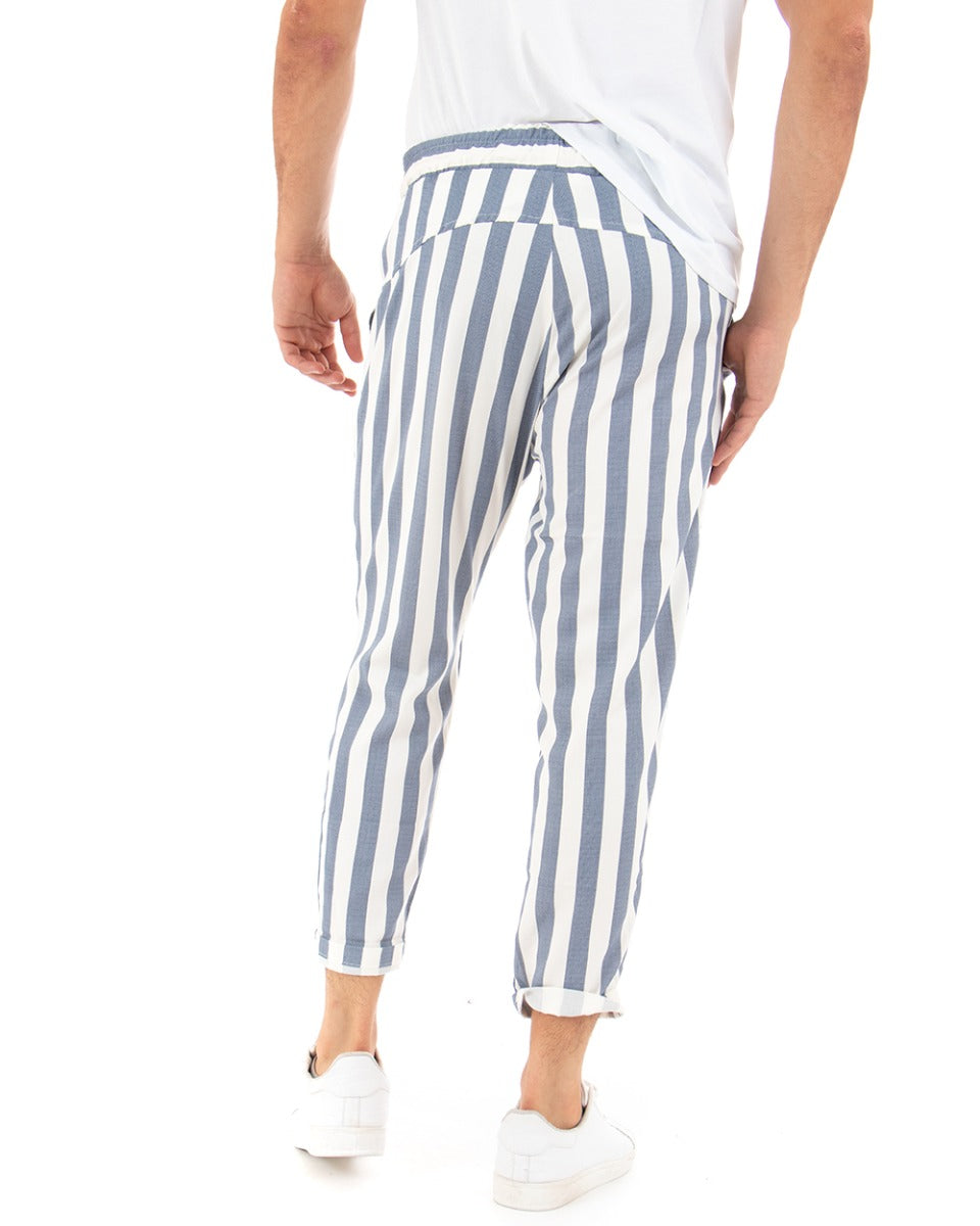 Paul Barrell Long Men's Trousers Blue Striped Elastic Drawstring Cotton GIOSAL