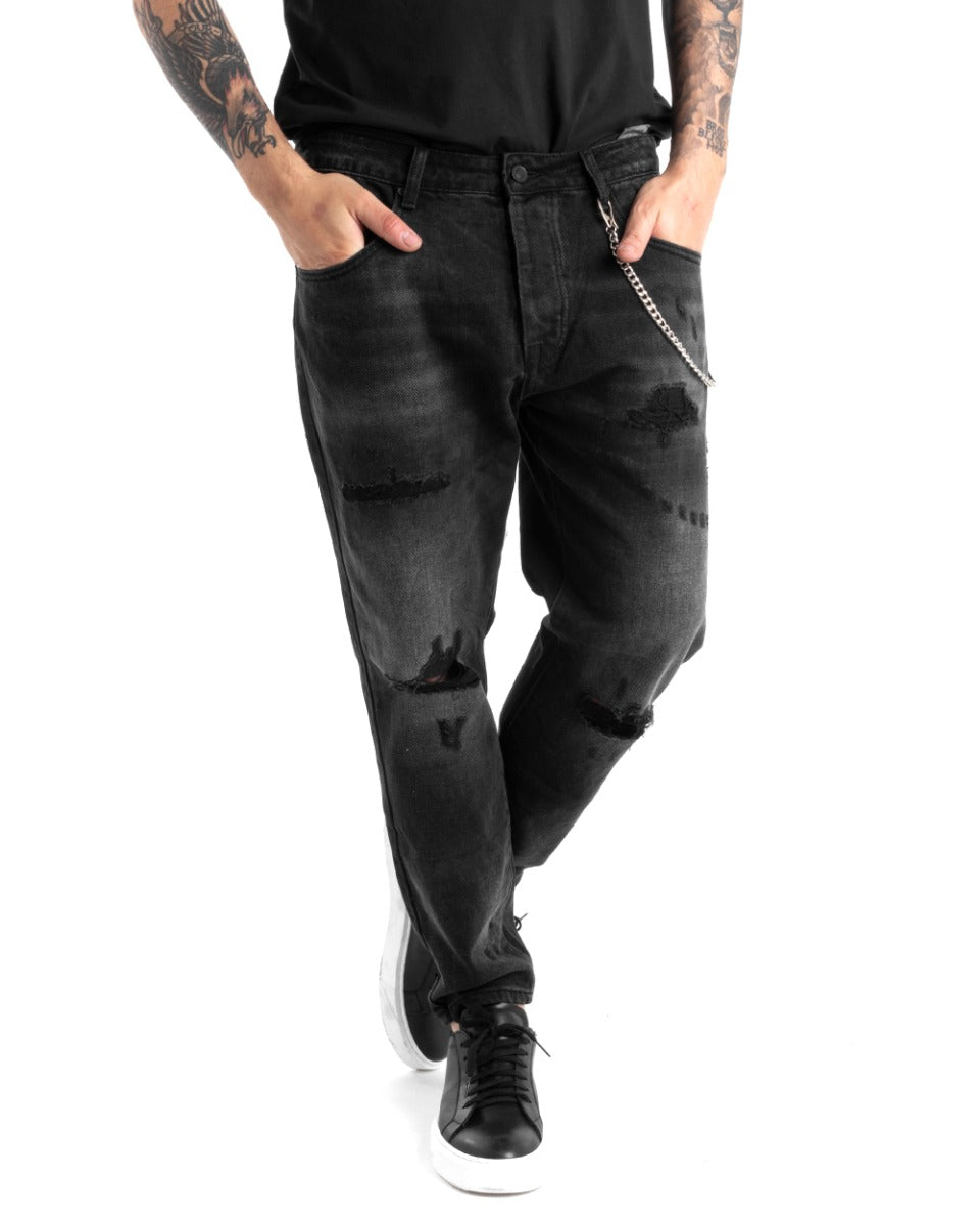 Pantaloni Jeans Uomo Loose Fit Denim Nero Con Rotture Cinque Tasche GIOSAL-P5274A