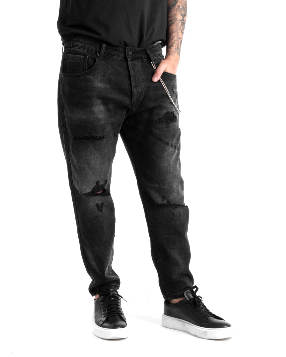 Men's Jeans Trousers Loose Fit Black Denim With Rips Five Pockets GIOSAL-P5274A