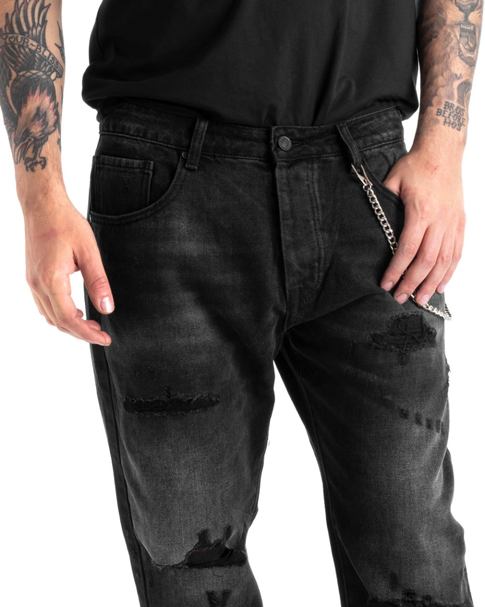 Men's Jeans Trousers Loose Fit Black Denim With Rips Five Pockets GIOSAL-P5274A