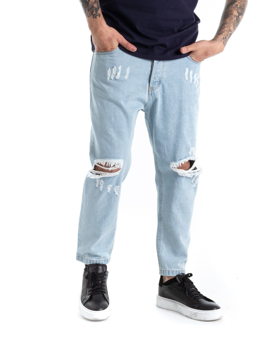 Pantaloni Jeans Uomo Loose Fit Denim Chiaro Con Rotture Cinque Tasche Casual GIOSAL-P5276A