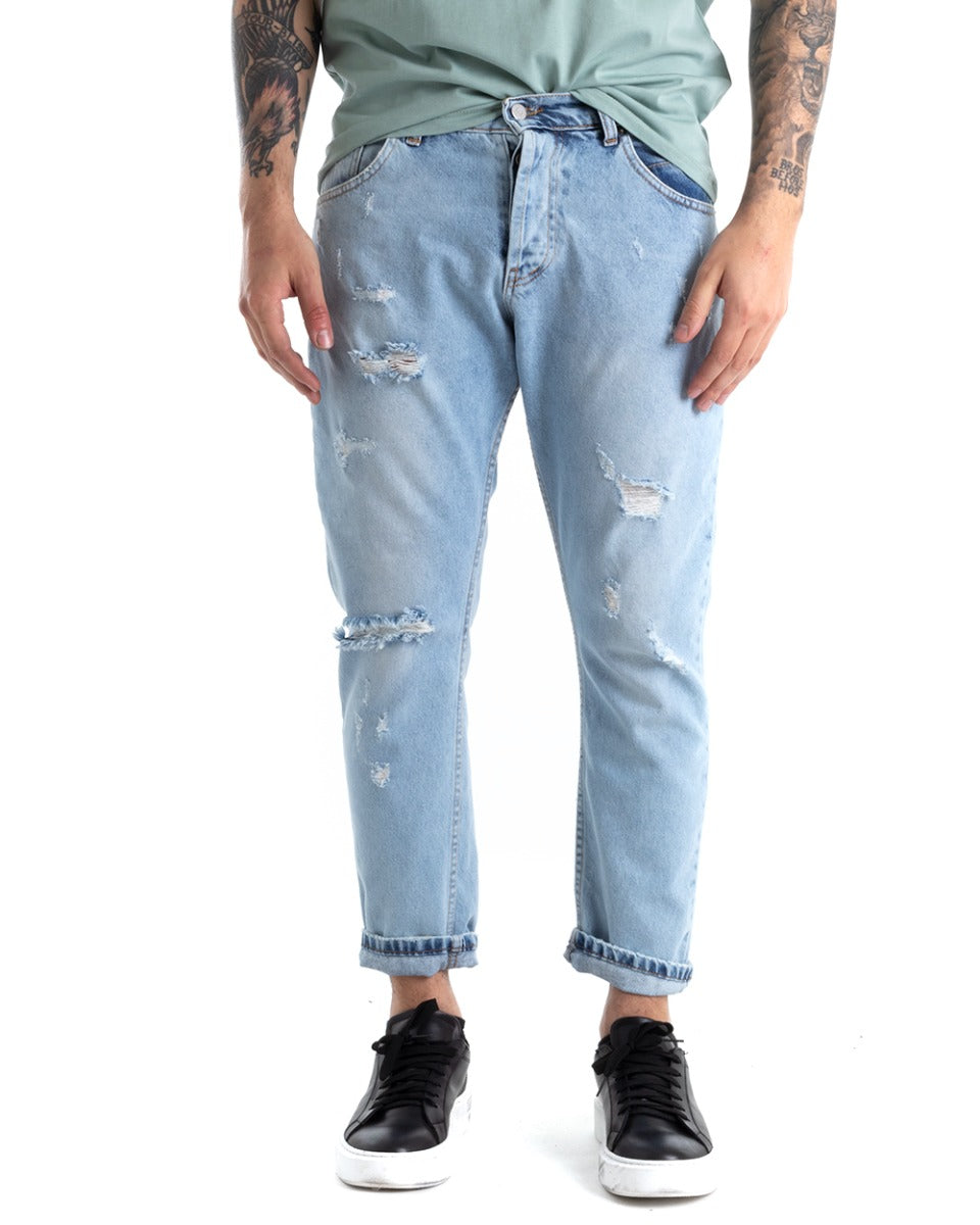 Pantaloni Jeans Uomo Loose Fit Denim Chiaro Con Rotture Cinque Tasche GIOSAL-P5306A