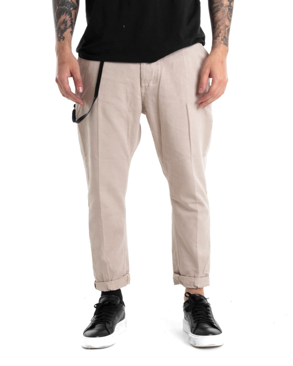 Long Men's Solid Color Beige Trousers with America Pocket GIOSAL