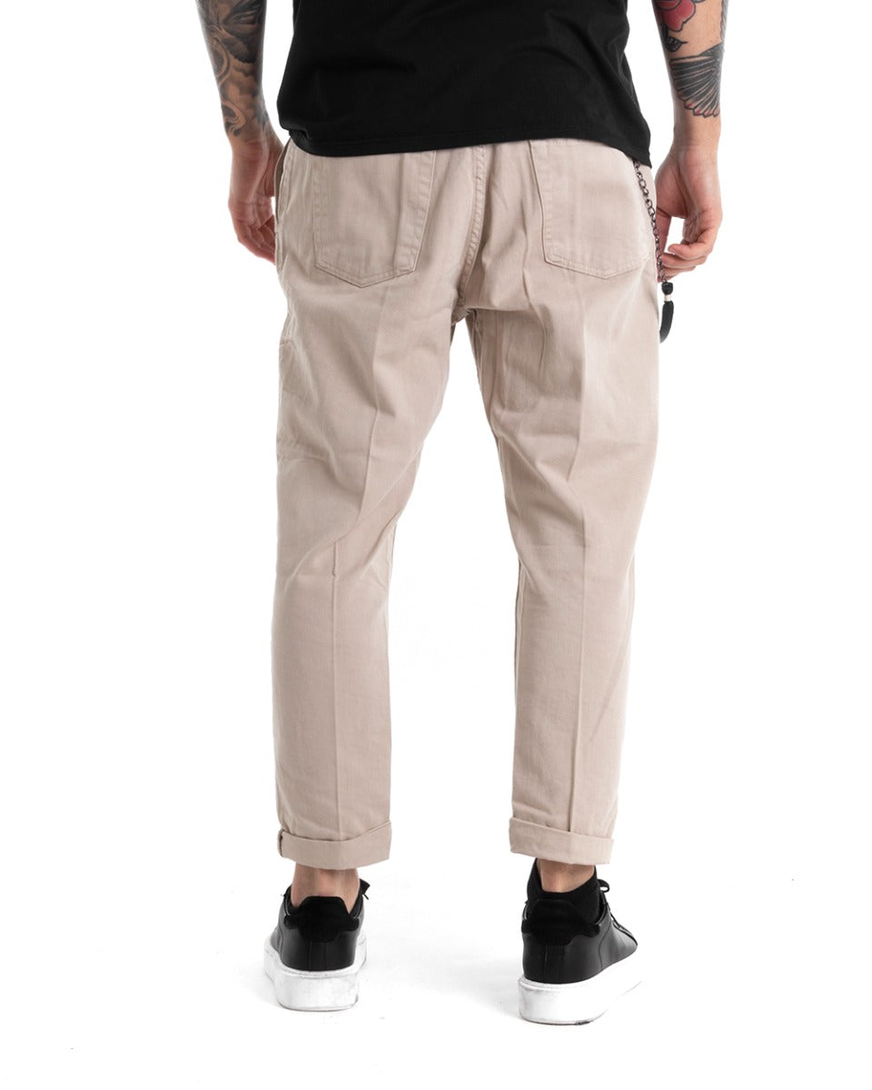 Long Men's Solid Color Beige Trousers with America Pocket GIOSAL
