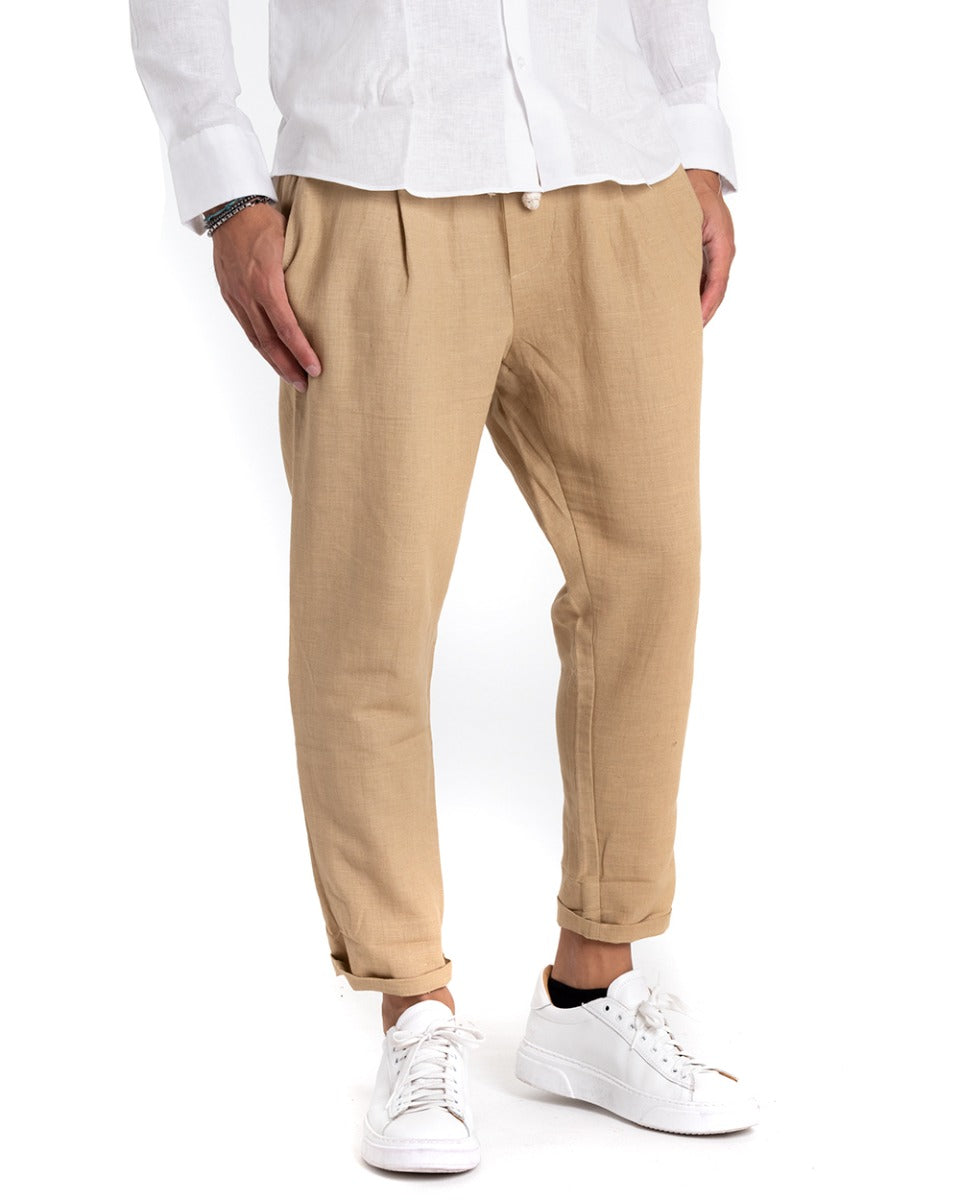 Men's Sand Elastic Linen Solid Color Casual Low Crotch Trousers GIOSAL