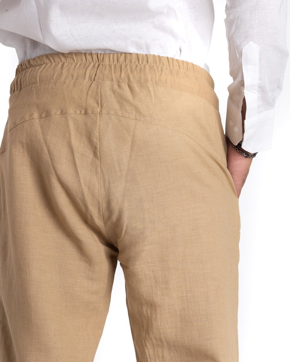 Pantaloni Uomo Pantalaccio Lino Lungo Jogger Elastico Sartoriale Casual Tinta Unita Sabbia GIOSAL-P5333A