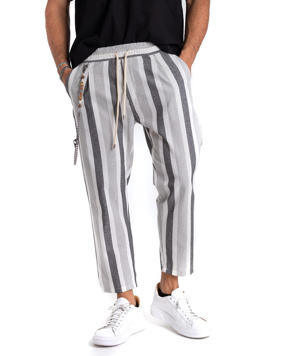 Men's Striped Multicolor Gray Elastic Casual Trousers GIOSAL