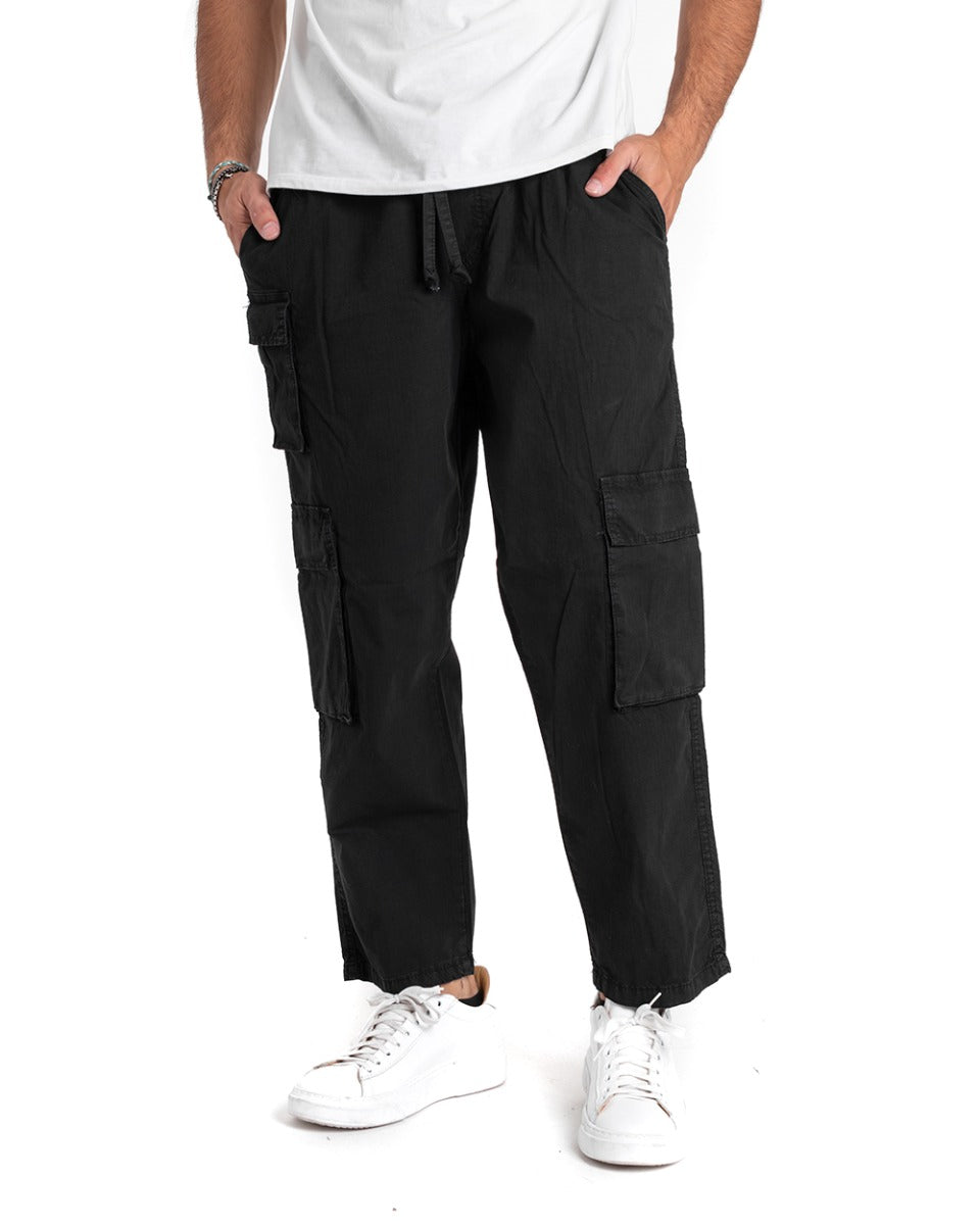 Men's Long Cargo Pants Solid Color Black with Elastic Pockets and Drawstring GIOSAL