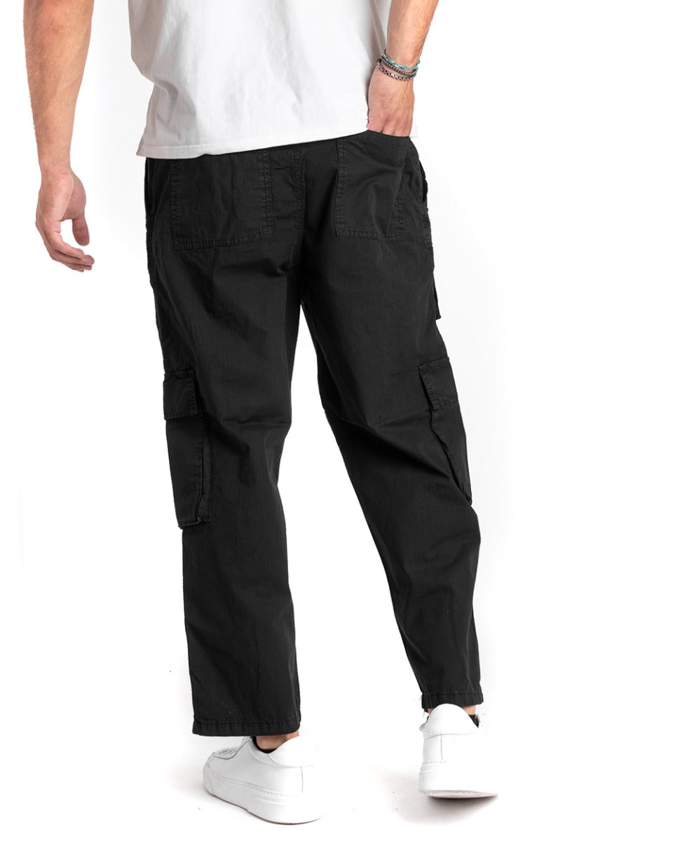 Men's Long Cargo Pants Solid Color Black with Elastic Pockets and Drawstring GIOSAL