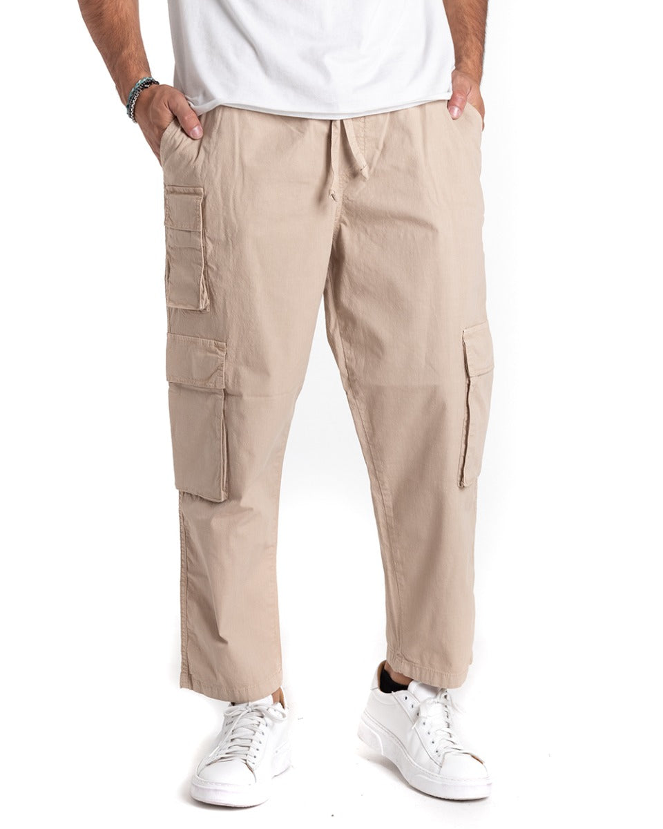 Men's Long Cargo Trousers Solid Color Beige Elastic Pockets Drawstring GIOSAL