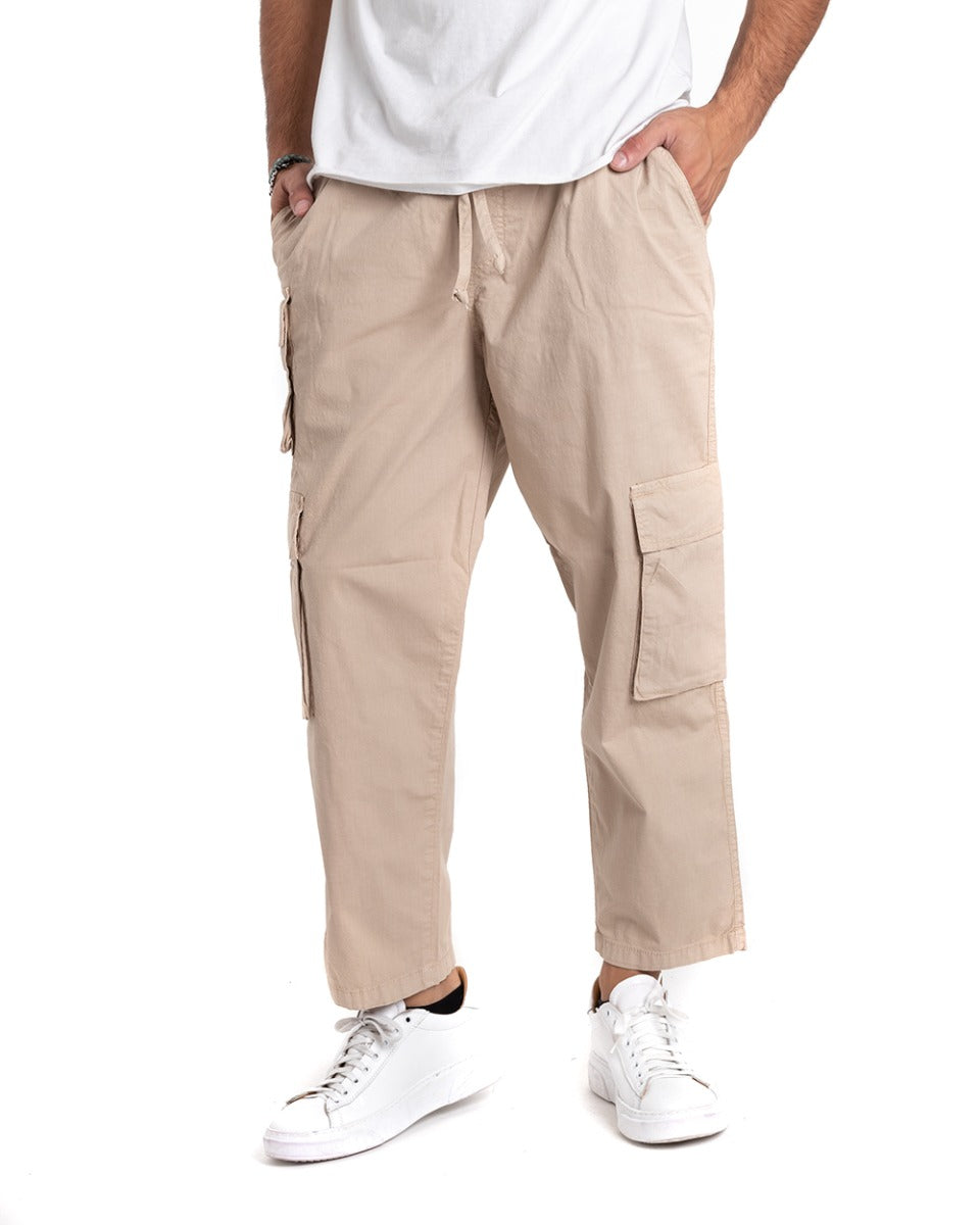 Men's Long Cargo Trousers Solid Color Beige Elastic Pockets Drawstring GIOSAL