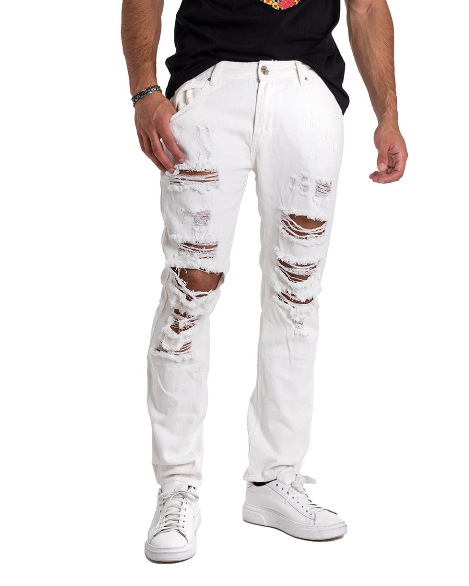Pantaloni Uomo Cinque Tasche Rotture Tagli Bianco GIOSAL-P5357A