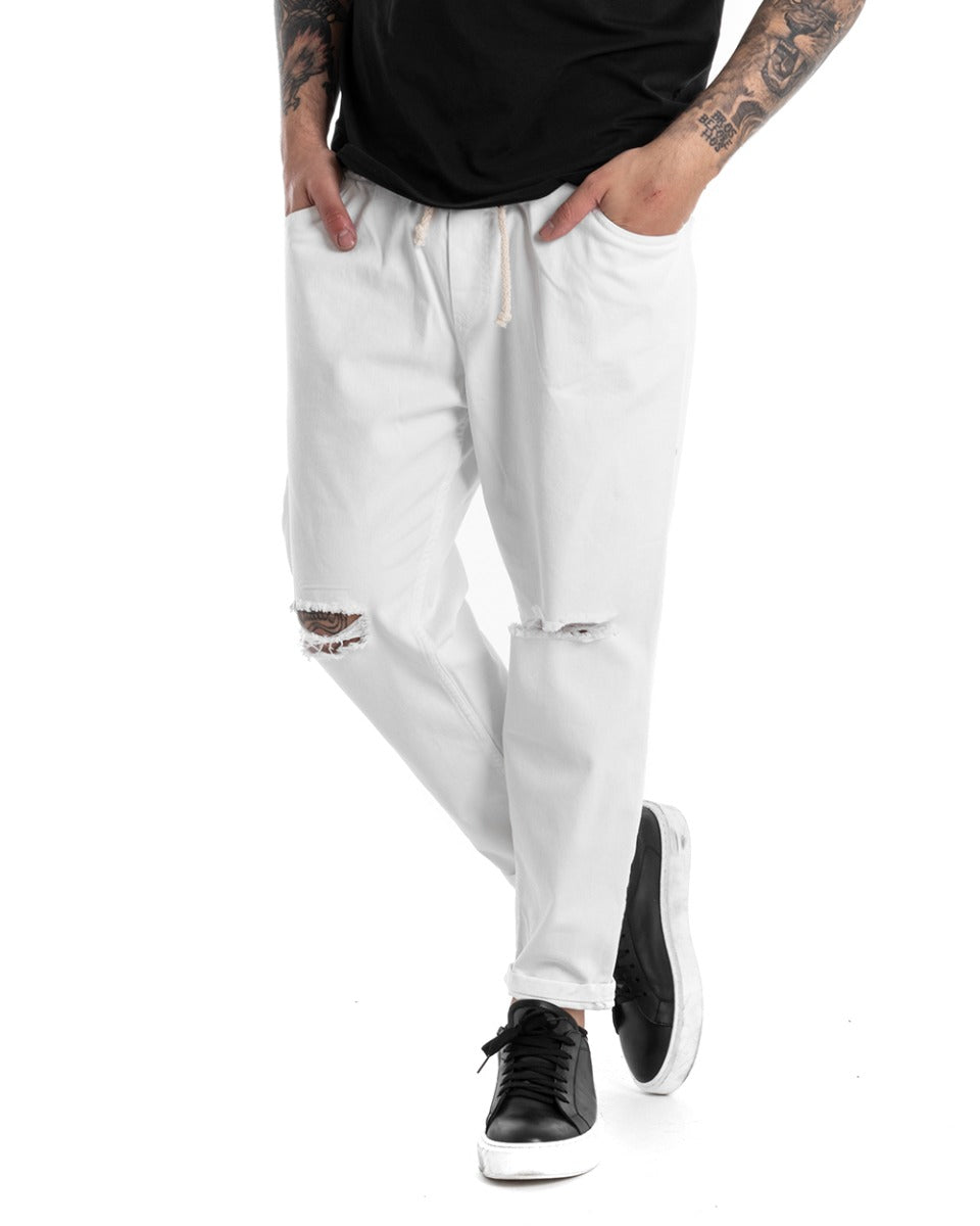 Pantaloni Jeans Uomo Regular Fit Bianco Pantalaccio Taglio al Ginocchio Casual GIOSAL-P5373A