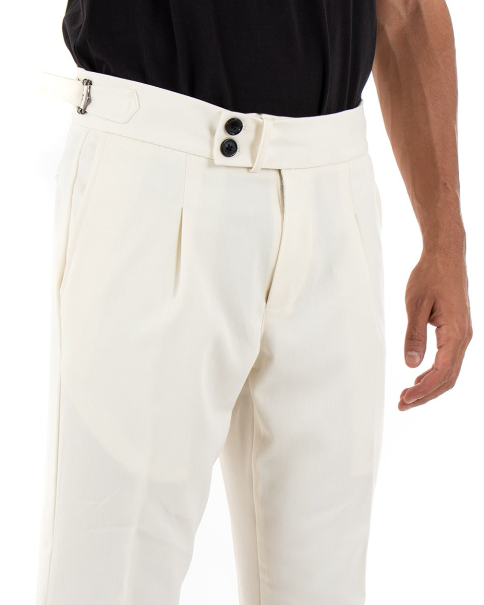 Pantaloni Uomo Abbottonatura Allungata Fibbia Alta Classico Elegante Panna GIOSAL-P5376A
