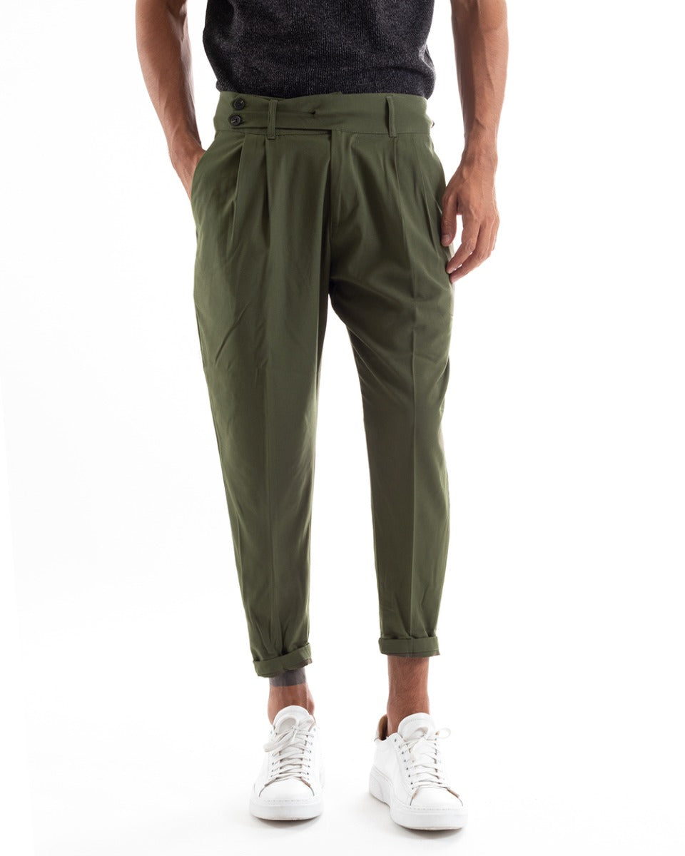Long Men's Solid Color Trousers with Elongated Buttons Green Pleats GIOSAL