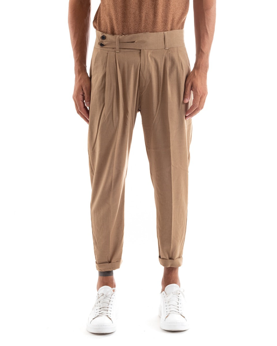 Men's Long Solid Color Trousers with Elongated Buttons Camel Pinces GIOSAL-P5381A