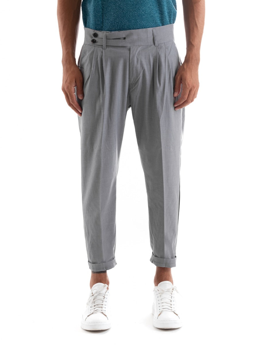 Long Men's Solid Color Trousers with Elongated Buttons Gray Pleats GIOSAL