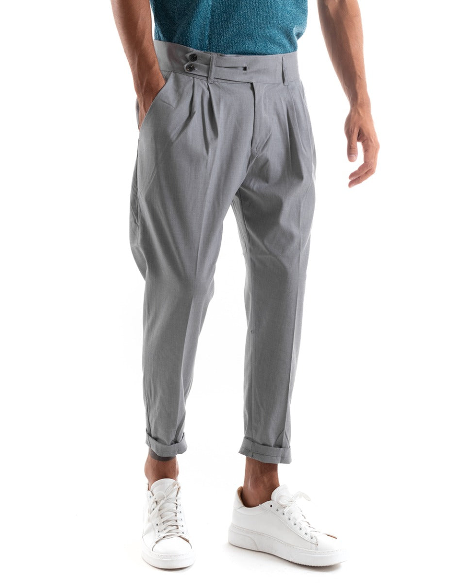Long Men's Solid Color Trousers with Elongated Buttons Gray Pleats GIOSAL
