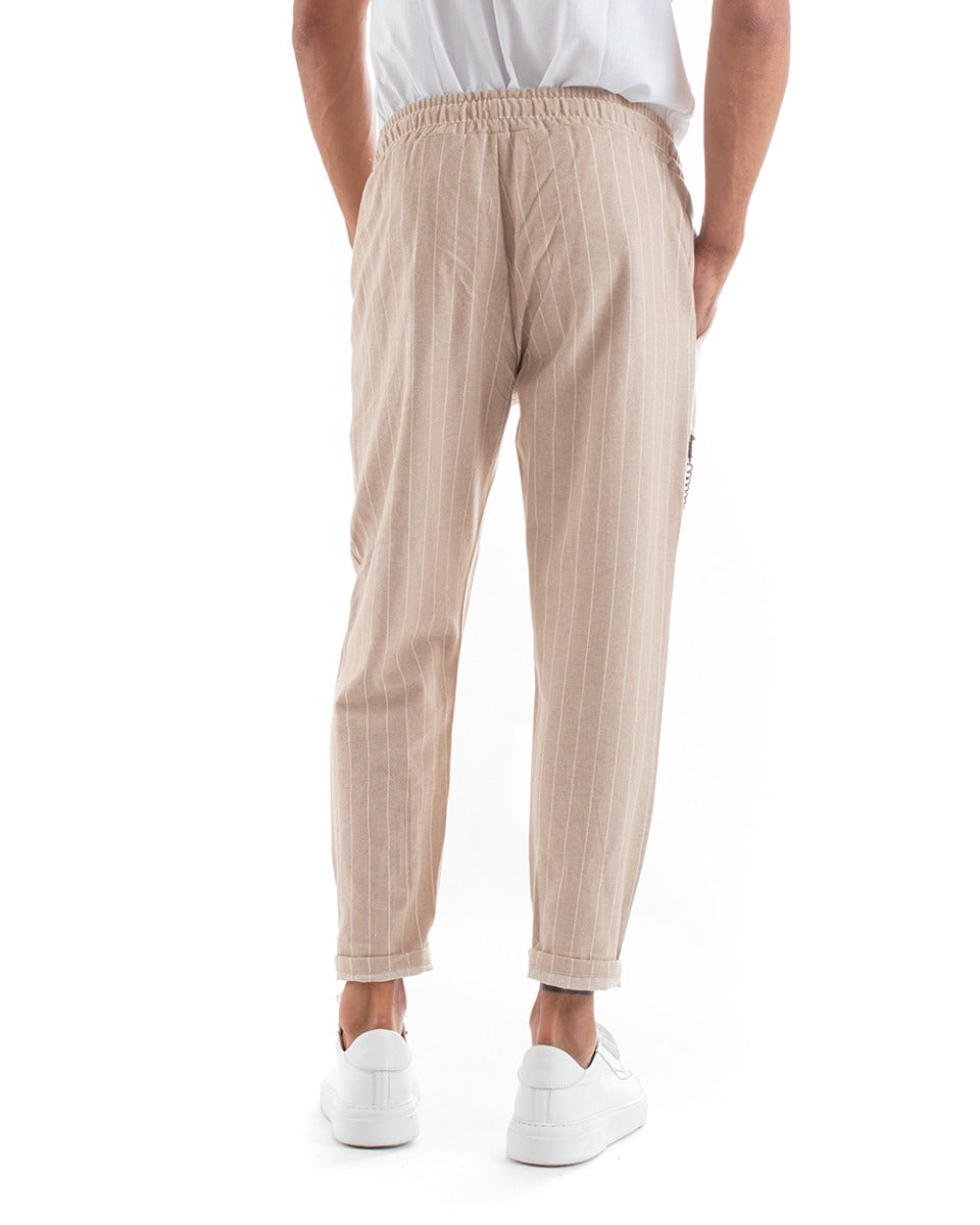 Men's Long Pinstripe Beige Striped Elastic Casual Trousers GIOSAL