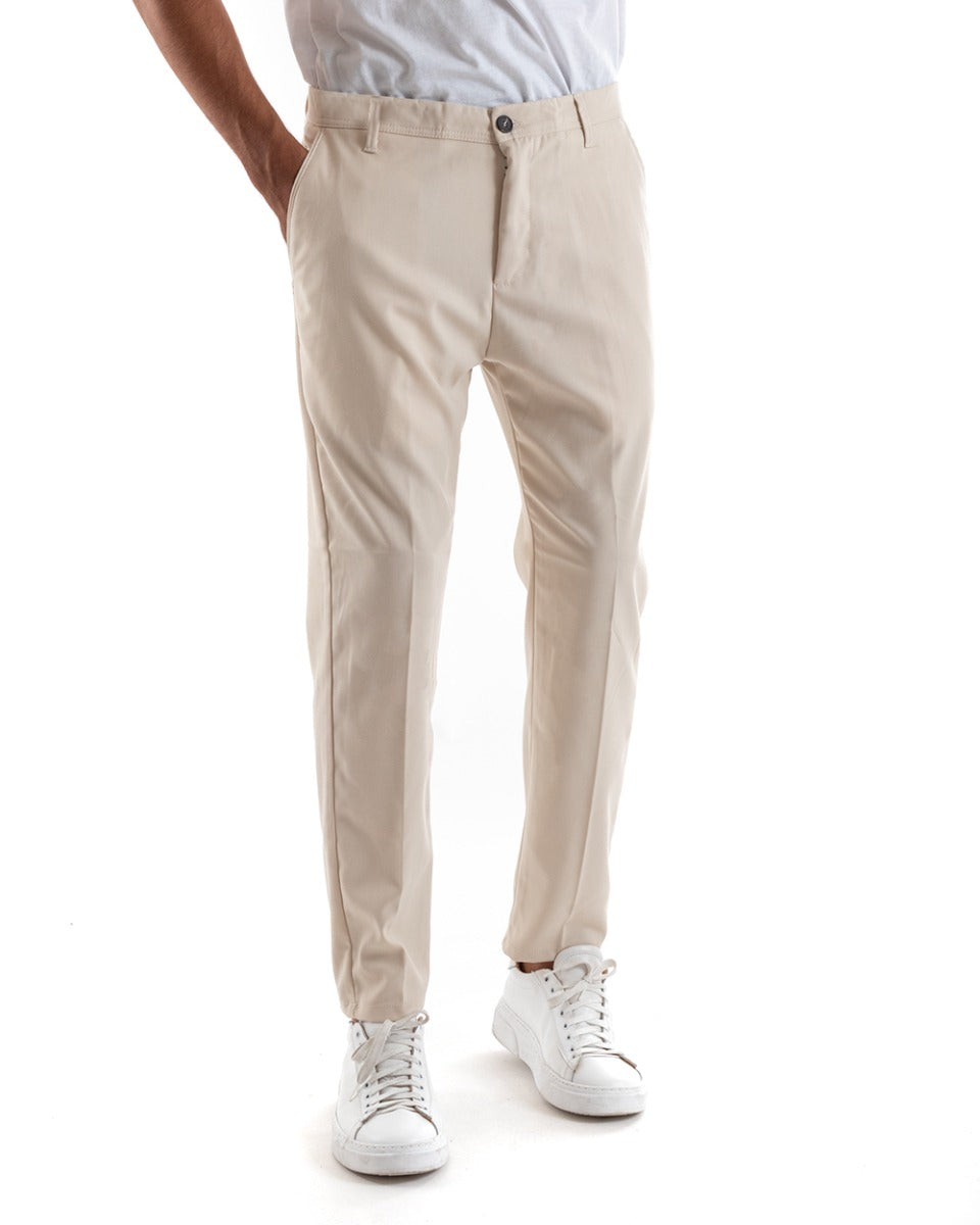 Men's Long Beige Solid Color Casual Long Trousers GIOSAL