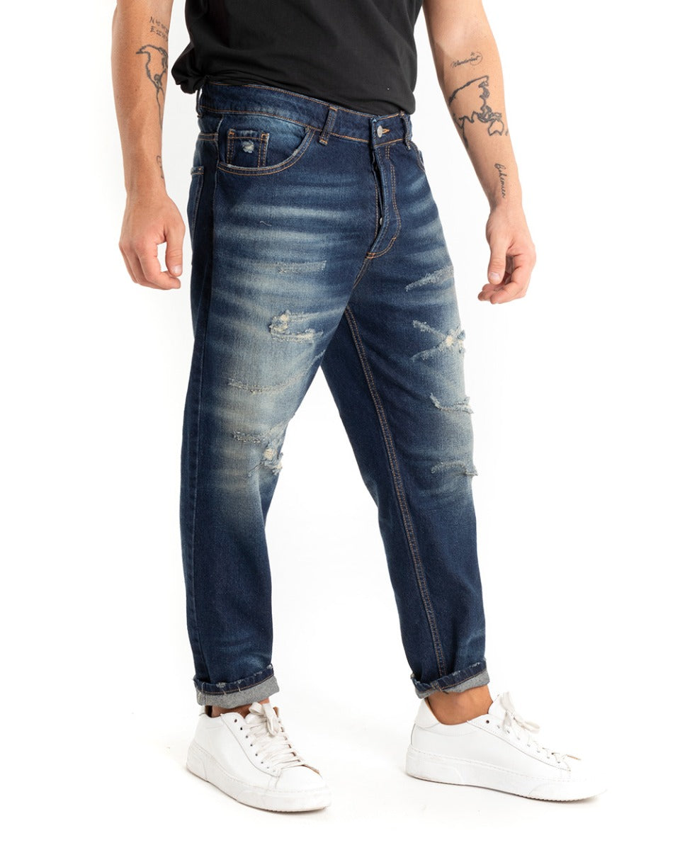 Pantaloni Jeans Uomo Loose Fit Denim Scuro Con Rotture Sabbiato GIOSAL-P5445A